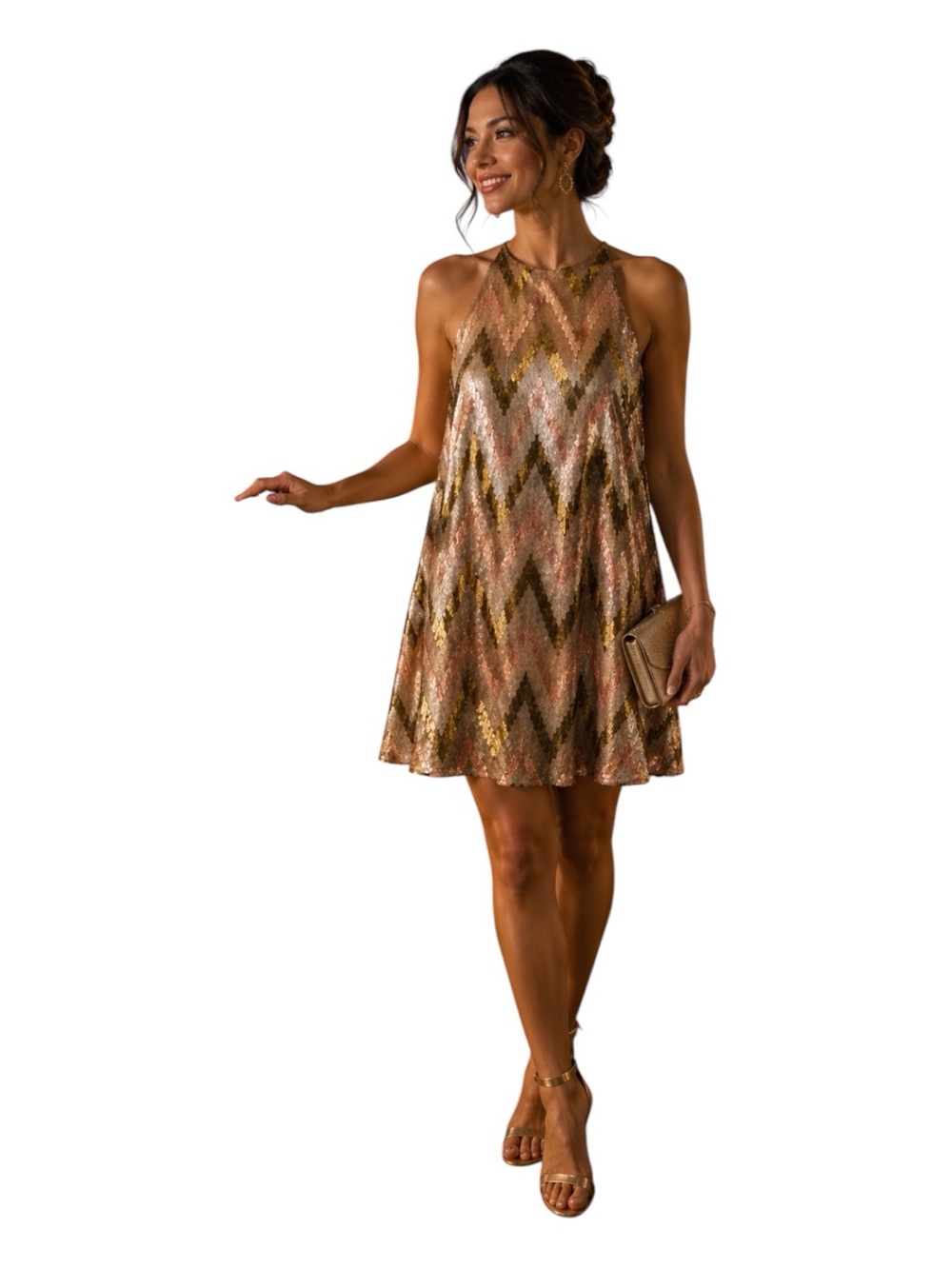 AIDEN MATTOX Rose Gold Chevron Sequin Shift Dress | Cruise Cocktail Glam Party - Picture 5 of 13
